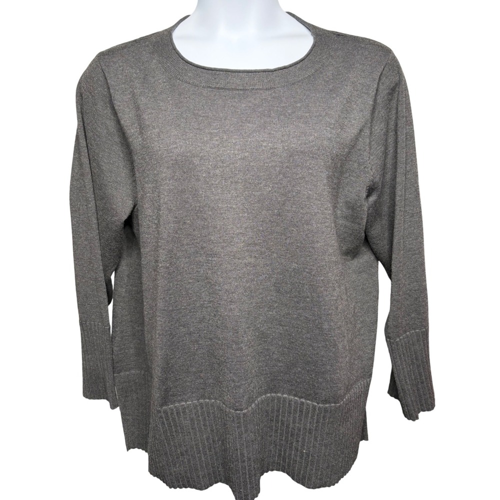 CABLE & GAUGE Womens Gray Pullover Sweater 2X Ribbed Scoop Neck Quiet Luxury